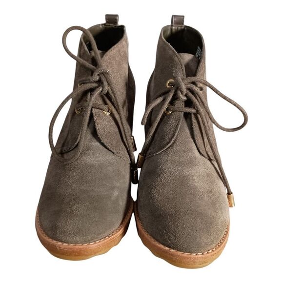Tory Burch Viki Lace Up Wedge Ankle Boots GreyLeather Suede Gold Logo Womens 7 - Picture 5 of 12